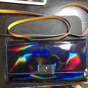Zara blue holographic clutch with detachable strap